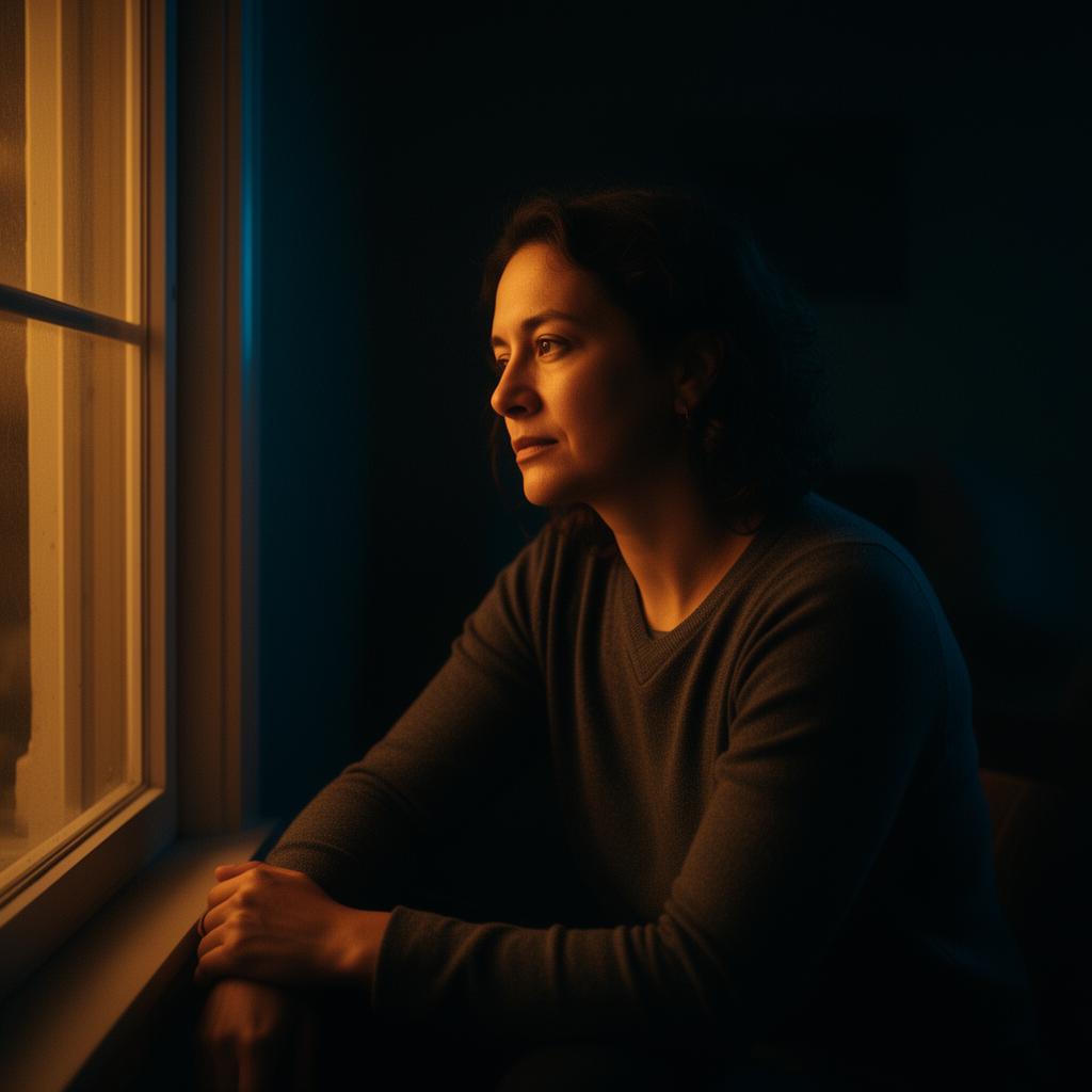 A person sitting quietly in soft daylight, looking thoughtful and calm
